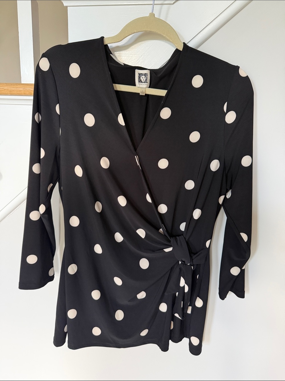 Anne Klein Black Wrap Top with White Polka Dots